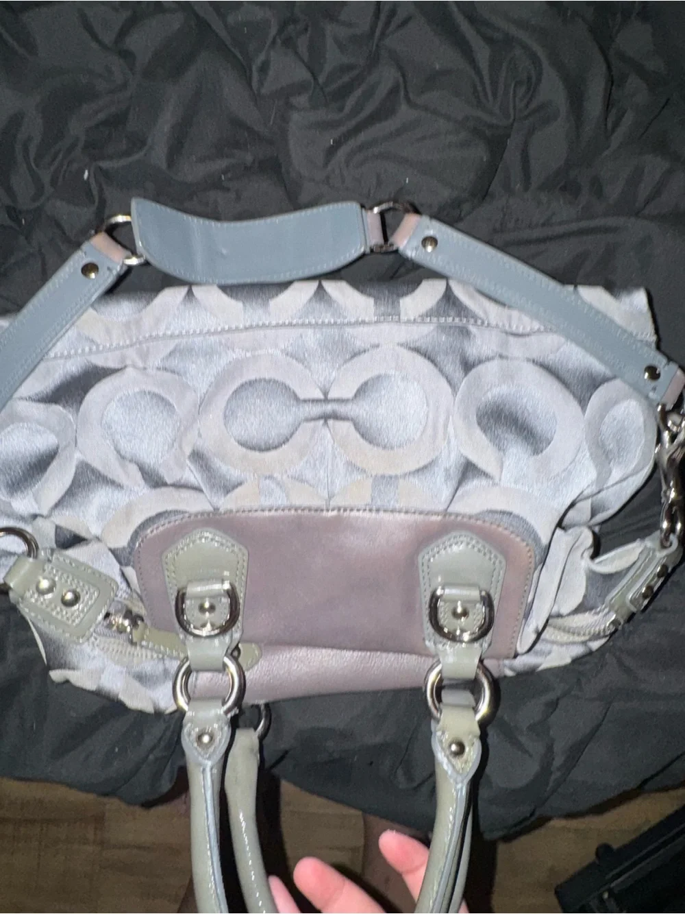 Coach Jacquard Signature Satchel in Gray and Taupe Leather